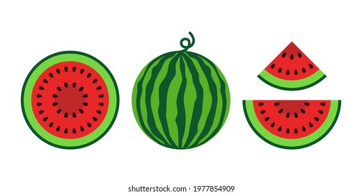 Set of watermelon and sliced watermelons (whole, half, slice) isolated on white background with cartoon style.