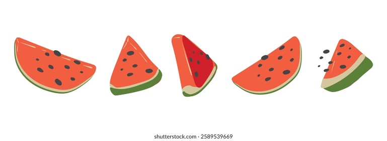 A set of watermelon slices. Fresh, juicy and tasty fruit. Vector illustration of organic southern fruit. Eco-label for natural watermelon flavor. Flat style.