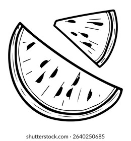 Set watermelon slices. Hand drawn doodle vector. Summer berry. Sweet fruit. Melon agriculture. Seasonal vitamins. Fresh vegetarian food. Ripe dessert pulp with seeds. Illustration line art element.