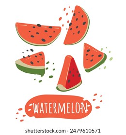 A set of watermelon slices with the inscription watermelon. Fresh, juicy and tasty fruit. Vector illustration of organic fruit. Eco-label for natural watermelon flavor. Juice, smoothie design.