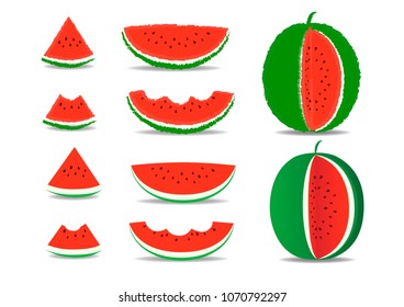 set of watermelon and slices  isolated on the white background, horizontal vector illustration