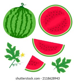 Set of watermelon, watermelon slices and leaves. For decorating banners, postcards, web projects and products. Simple flat vector illustration