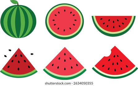 Set of watermelon and watermelon slices vector illustration isolated on transparent background