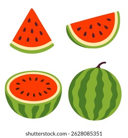 Set of watermelon slices and whole fruits in different angles and cross-sections on white background