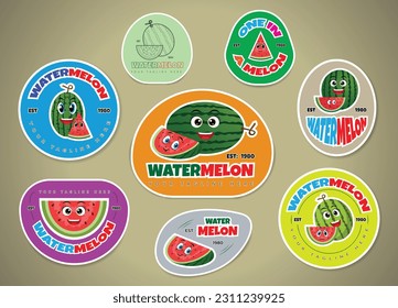 Set of watermelon summer fruits labels and stickers or badges template for packaging isolated on gradient background vector illustration