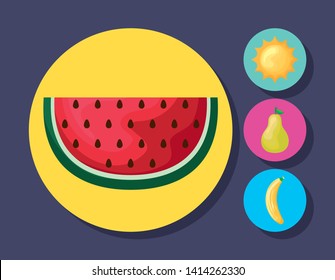 set of watermelon with sun and fruits