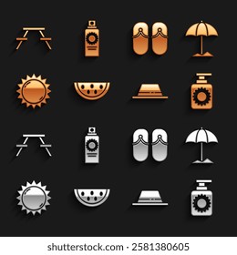 Set Watermelon, Sun protective umbrella for beach, Sunscreen spray bottle, Man hat with ribbon, Flip flops, Picnic table benches and  icon. Vector