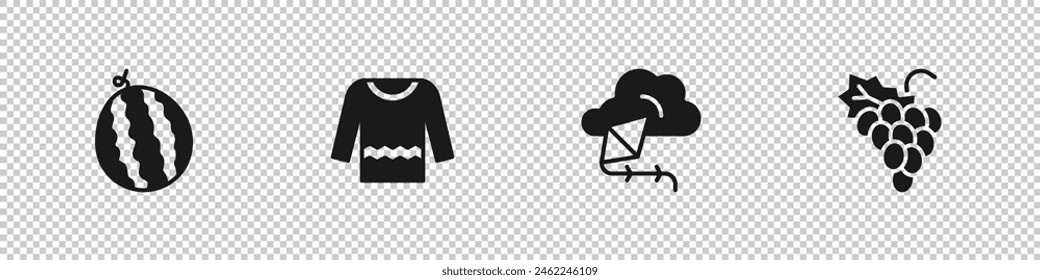 Set Watermelon, Sweater, Kite and Grape fruit icon. Vector