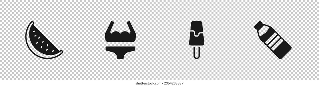 Set Watermelon, Swimsuit, Ice cream and Bottle of water icon. Vector
