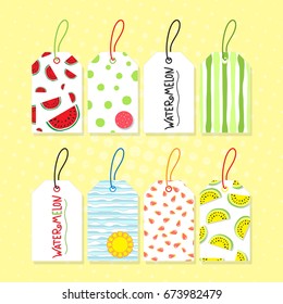 Set of watermelon tags. Collection design template fruit tags on watermelon subject. Layout tags with pattern healthy food for vegetarian store. Concept of Hello Summer. Vector illustration
