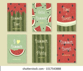 Set Of Watermelon Template Background Design For Poster, Flyers, Banner, Card, Brochure, Invitation Or Greeting. Watermelon Day. Slice Of Watermelon. Texture Of Watermelons. Vector Illustration. EPS