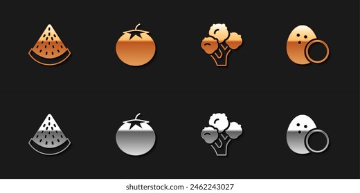 Set Icono de sandía, tomate, brócoli y coco. Vector