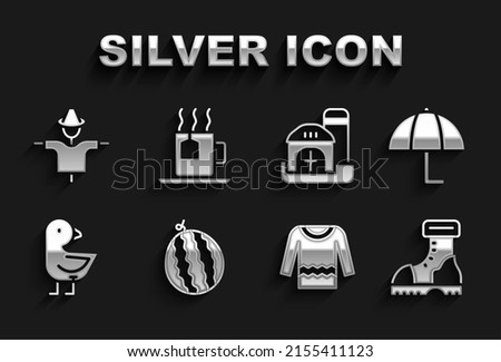 Set Watermelon, Umbrella, Waterproof rubber boot, Sweater, Little chick, Farm house, Scarecrow and Cup tea with tea bag icon. Vector