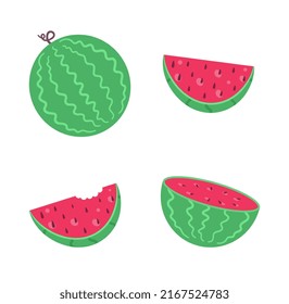 Un conjunto de iconos vectoriales de la sandía. sandía de dibujos animados con rodajas rojas, medio, rayas enteras. La fruta fresca de verano, fresca y fina.