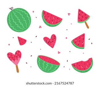 A set of watermelon vector icons. Cartoon watermelon with a red slice, half, whole striped, heart, ice cream on a white background. Cute flat summer fresh fruit.