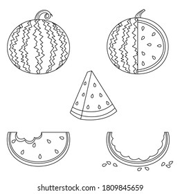 Conjunto de dibujos animados de ilustraciones vectoriales de sandía aislados en fondo blanco. Cortar y cortar trozos de la página de coloración de dibujos animados vectores de sandía. Medio cuarto de corte de sandía. 