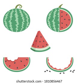Set of watermelon vector illustration cartoon isolated on white background. Cut and slice pieces of watermelon vector cartoon. Half and quarter cut of watermelon. 