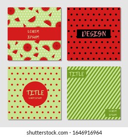 Set of watermelon vector patterns in red green and black, card templates perfect for summer design, poster, flyer, watermelon backgrounds, abstract watermelon wallpaper, seeds, polka dots, stripes