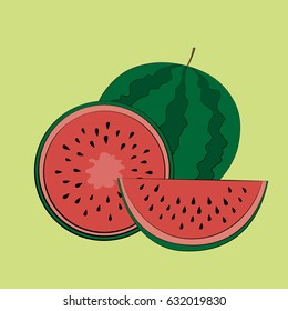 Set of watermelon: whole, slice, cut. On a green background. Vector illustration.