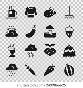Set Wassermelone, Winterhut, Eichel, geröstetes Putenhuhn, Aubergine, Sonne und Wolkenwetter, Tasse Tee mit Teebeutel und Pilz-Ikone. Vektor