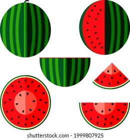 Set of watermelons in flat style. Whole and sliced, half and quarter of a watermelon. Sweet watermelon for banner, flyer, menu. Watermelon day. Fresh summer fruits and berries. Vector illustration.