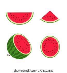 Set of watermelons - a half watermelon, a piece, slice and a triangle of watermelon. Fruit isolated on a white background. Stock vector illustration.