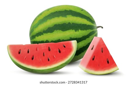 Conjunto de melancias isoladas sobre fundo branco. Melancia vermelha com casca verde e sementes. Coleção de pedaços de frutas maduras e fatias, melancia saborosa inteira. Ilustração realista do vetor 3d