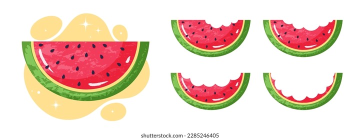 Set of watermelons slices. Symbol of summer, natural and organic juicy product. Fresh pieces of sweet and tasty fruit or berry. Cartoon flat vector illustrations isolated on white background