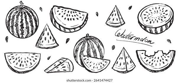 Set of watermelons whole, sliced and pieces in black brush stroke texture isolated on white. Hand drawn vector sketch illustration in vintage charcoal ink. Summer berry design, juicy fruit