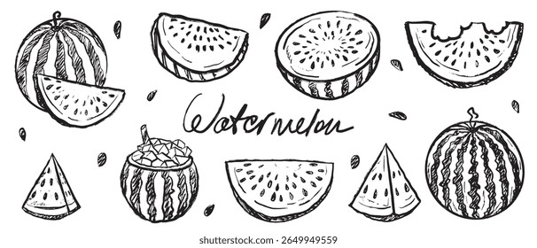 Set of watermelons whole, sliced and pieces in black brush stroke texture isolated on white. Hand drawn vector sketch illustration in vintage charcoal ink. Summer berry design, juicy fruit