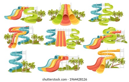 Satz AquPark-Illustration mit farbigen Plastikschraubenrutschen und Pool mit Palm am Ufer, Vektorgrafik auf weißem Hintergrund