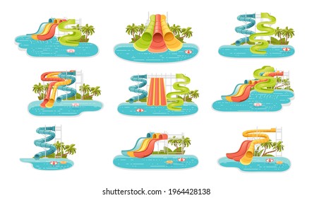 Set of waterpark illustration with colored plastic screw slides and pool with palm tree on the shore vector illustration on white background