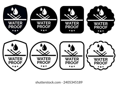 Establecer un vector de insignia impermeable para el producto. Colección de signos resistentes al agua. Protección de agua, protección a prueba de líquido. Escudo con gota de agua. Material antihumedecimiento, protección de la superficie.