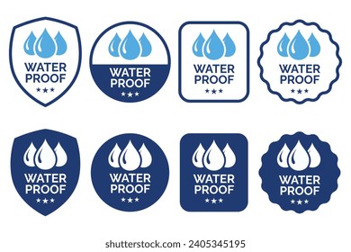 Set waterproof badge vector for product. Collection of water resistant signs. Water protection, liquid proof protection. Shield with water drop. Anti wetting material, surface protection.