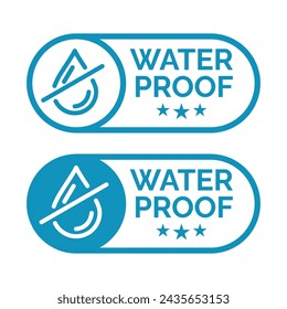 Vector de placa impermeable para el producto. Colección de carteles resistentes al agua. Protección contra el agua, protección a prueba de líquidos. Escudo con gota de agua. Material antihumedad, protección de la superficie.