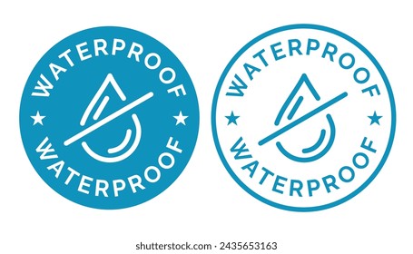 Set waterproof badge vector for product. Collection of water resistant signs. Water protection, liquid proof protection. Shield with water drop. Anti wetting material, surface protection.