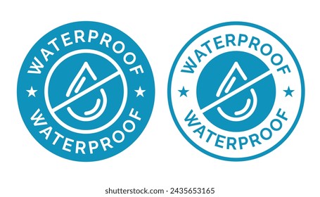 Vector de placa impermeable para el producto. Colección de carteles resistentes al agua. Protección contra el agua, protección a prueba de líquidos. Escudo con gota de agua. Material antihumedad, protección de la superficie.