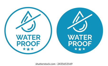 Set waterproof badge vector for product. Collection of water resistant signs. Water protection, liquid proof protection. Shield with water drop. Anti wetting material, surface protection.