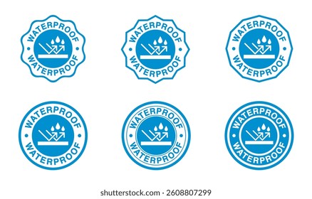 Set waterproof badge vector for product. Collection of water resistant stamps. Water protection, liquid proof protection. circular with water drop. Anti wetting material, surface protection.