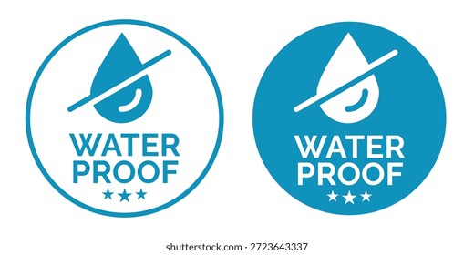 Set waterproof badge vector for product. Collection of water resistant signs. Water protection, liquid proof protection. Shield with water drop. Anti wetting material, surface protection.