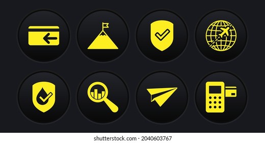 Wasserdichte setzen, Globe mit fliegendem Flugzeug, Gläserei und Analyse, Papier, Schildmarke und Bergflagge Symbol. Vektorgrafik