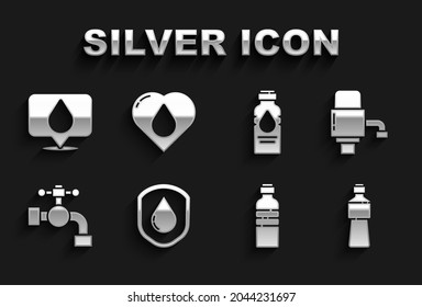 Set Waterproof, Mechanical pump for water, Bottle, tap, drop with location and Heart icon. Vector