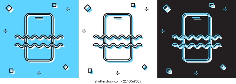 Set Waterproof mobile phone icon isolated on blue and white, black background. Smartphone with drop of water. Vector