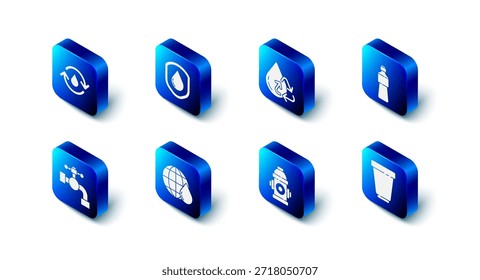 Set Waterproof, Recycle clean aqua, Bottle water, filter cartridge, Fire hydrant, Earth planet in drop, tap and  icon. Vector