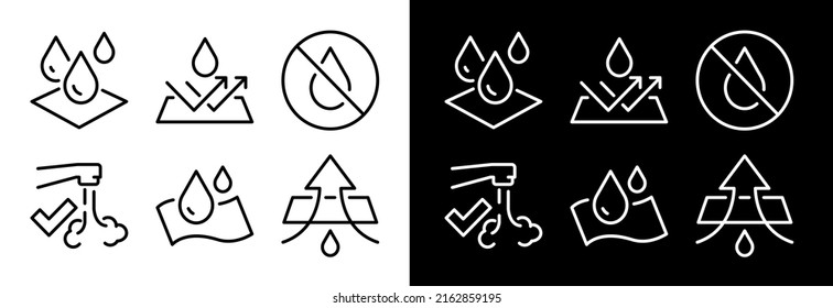 Set of Waterproof Related Vector Line Icons. Contains such Icons as Drop Warning, Moisture Resistant Textile, Allowed to wash under water and more. Editable Stroke. Perfect icons