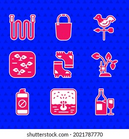 Set Waterproof rubber boot, Automatic irrigation sprinklers, Wine bottle with glass, Strawberry bush, Garden sprayer for fertilizer, Plant, Rooster weather vane and hose icon. Vector