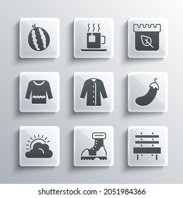 Set Waterproof rubber boot, Bench, Eggplant, Raincoat, Sun and cloud weather, Sweater, Watermelon and Calendar with autumn leaves icon. Vector