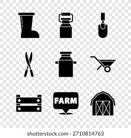 Set Waterproof rubber boot, Can container for milk, Garden trowel spade shovel, Wooden box, Location farm, Farm house, Gardening handmade scissors and  icon. Vector