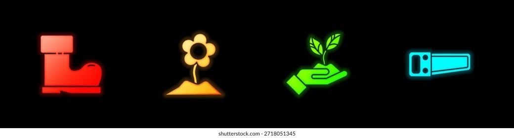 Set Waterproof rubber boot, Flower, Plant in hand environmental and Hand saw icon. Vector