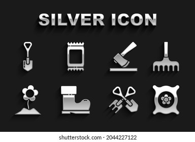 Set Waterproof rubber boot, Garden rake, Pack full seeds plant, Shovel and, Flower, Wooden axe,  and Fertilizer bag icon. Vector
